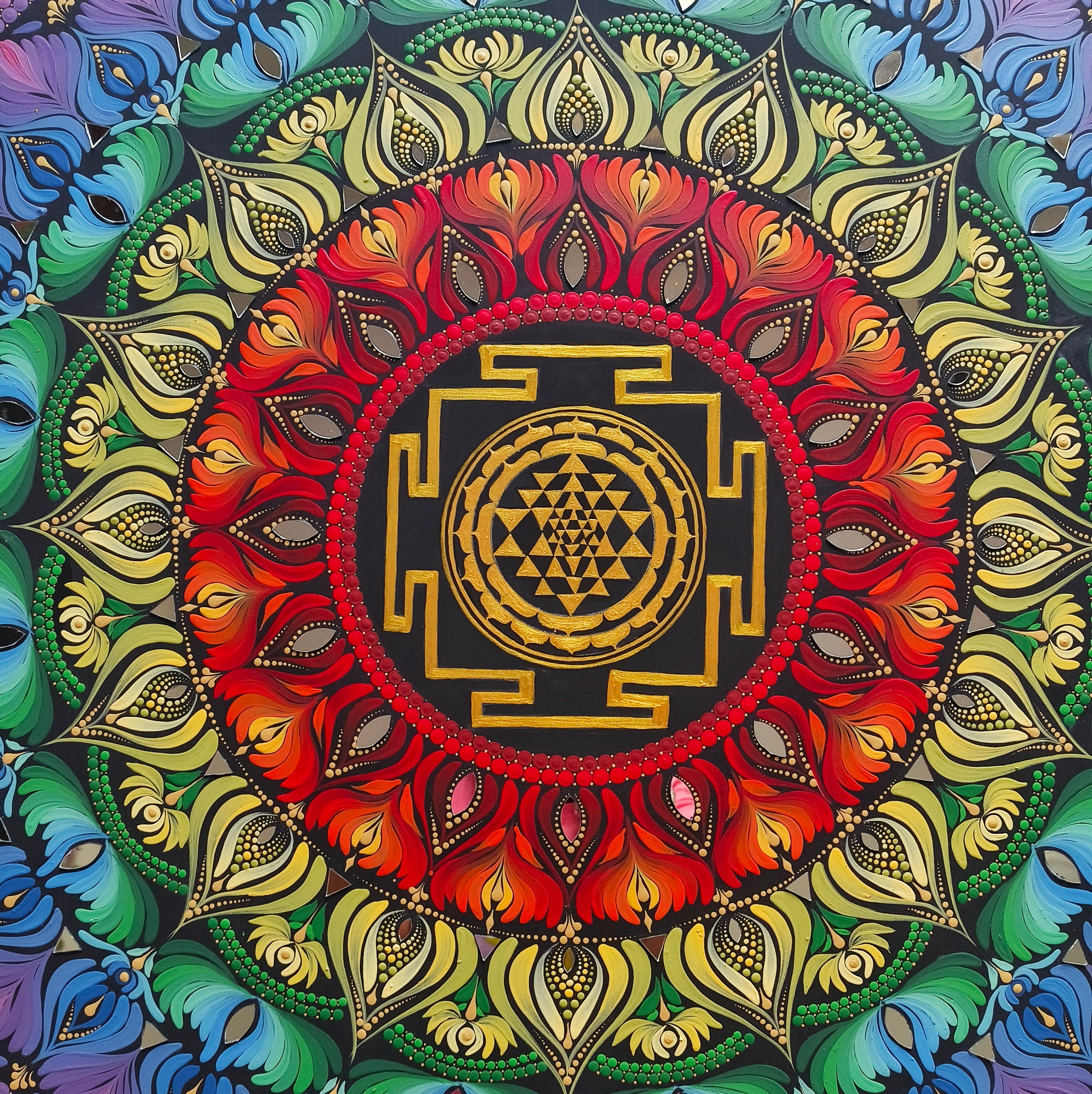 24" Sri Yantra Mandala Wall Art – 7 Chakra Colors Dot Art Painting on Wood – Square Rainbow Mandala with Mirror Accents – Meditative Zen Decor