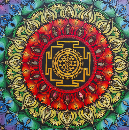 24" Sri Yantra Mandala Wall Art – 7 Chakra Colors Dot Art Painting on Wood – Square Rainbow Mandala with Mirror Accents – Meditative Zen Decor