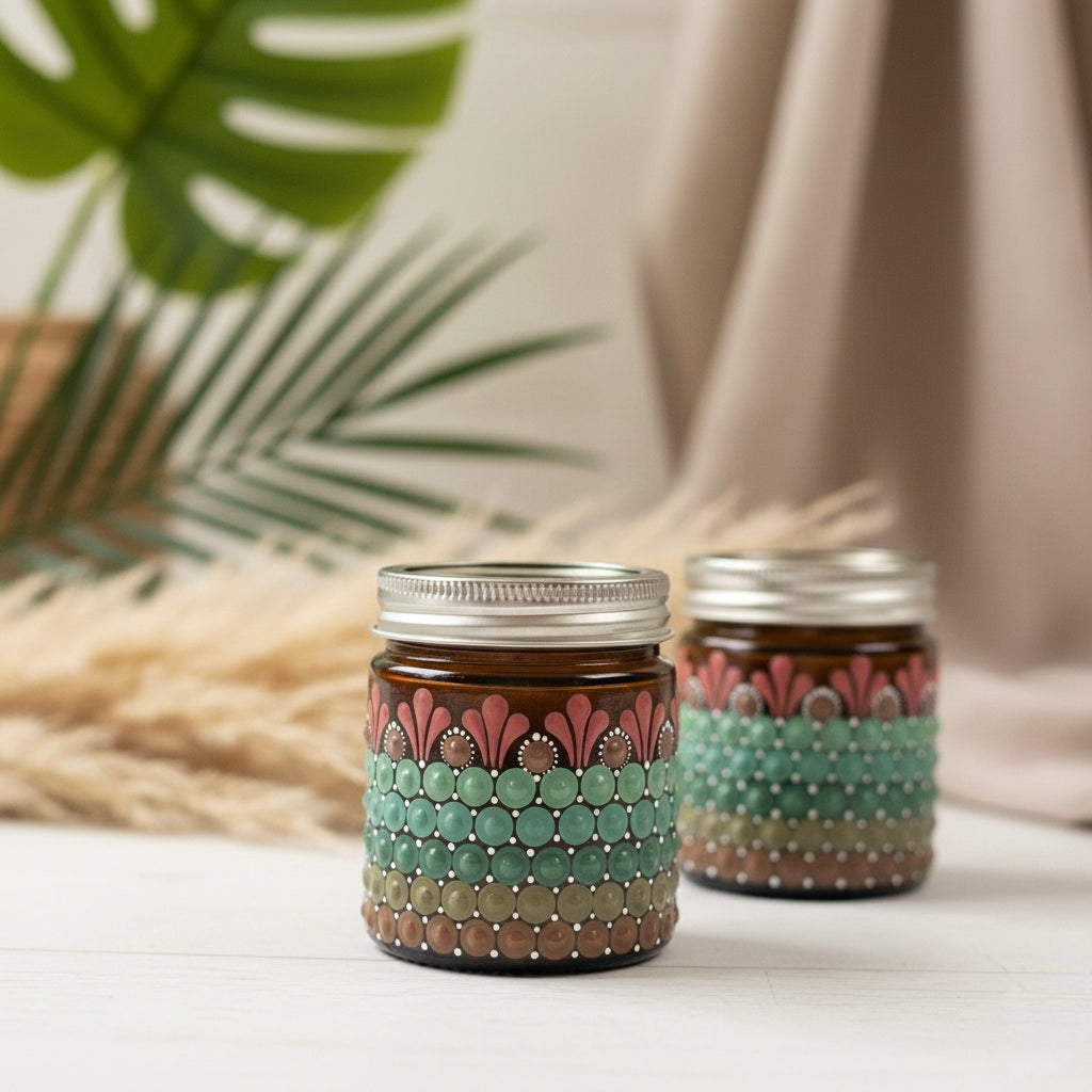 Hand-Painted Mandala Dot Art Scented Candle - Amber Glass, Soy Wax