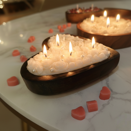 Hand-Poured Heart-Shaped Wooden Bowl Candle – Large White Rose & Pearl Artisanal Decor (15cm x 15cm)