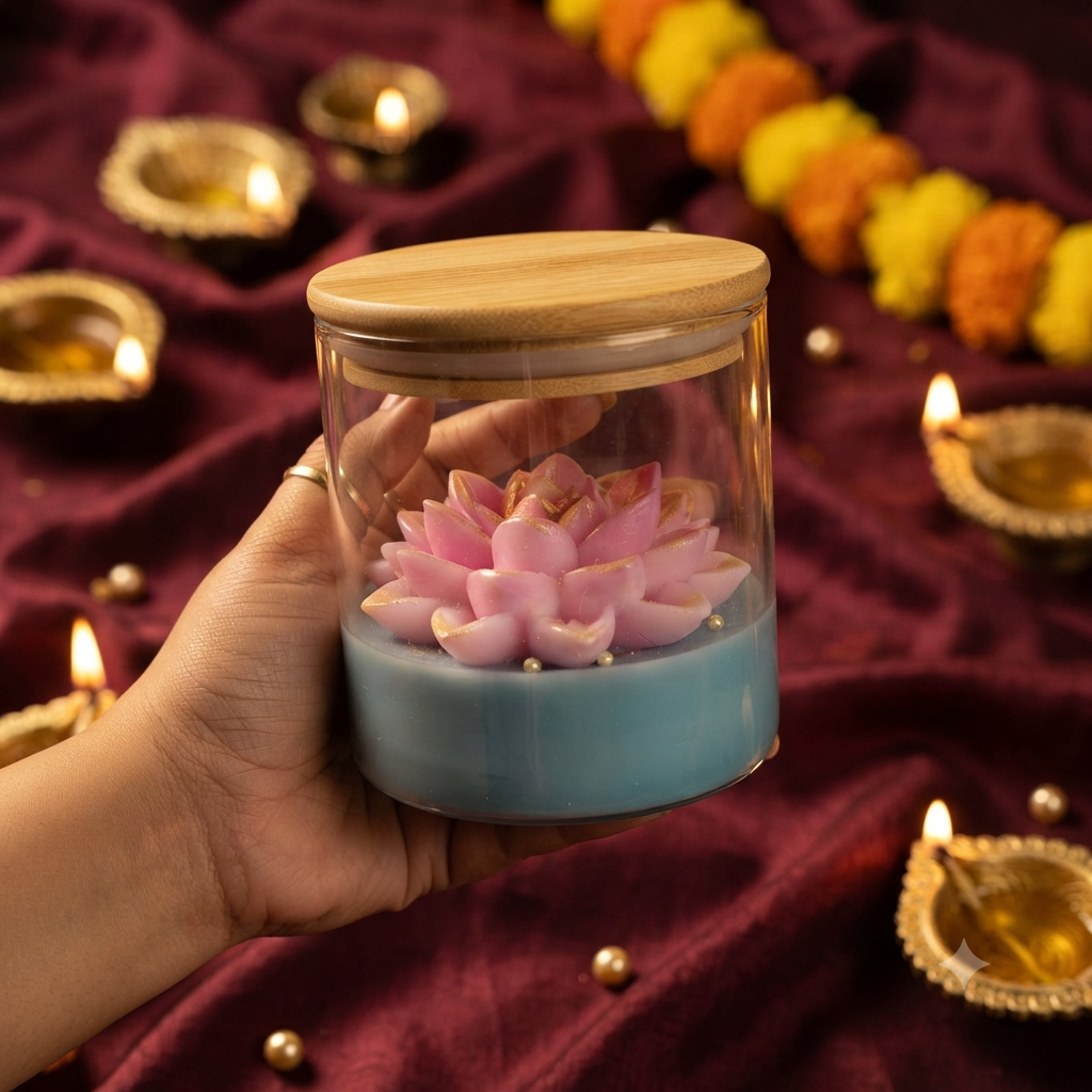 Hand-Poured Floral Soy Wax Candle in Glass Jar with Wooden Lid | 400ml Aesthetic Peony , Lotus Candle | Luxury Home Decor & Gift