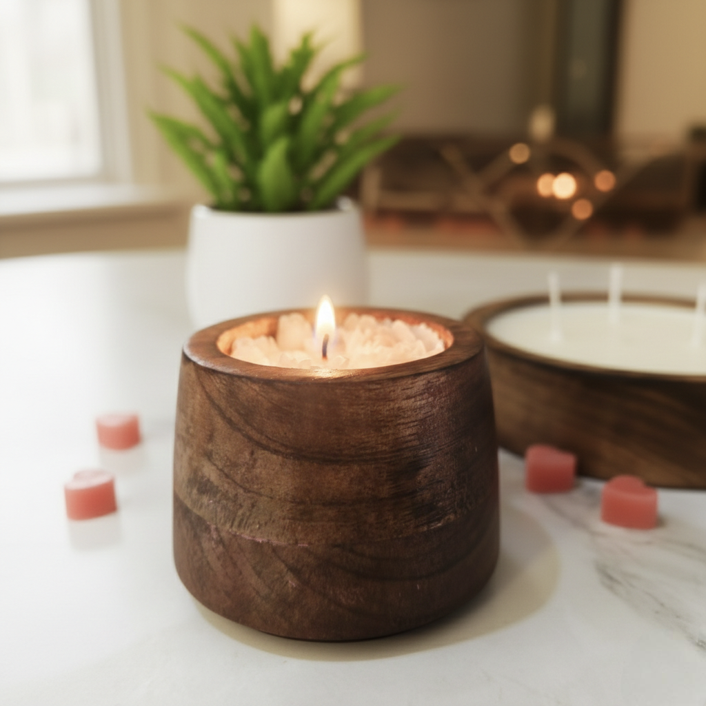Hand-Poured Soy Wax Scented Candle in Wooden Jar – Elegant White Rose & Pearl (6cm x 8cm)