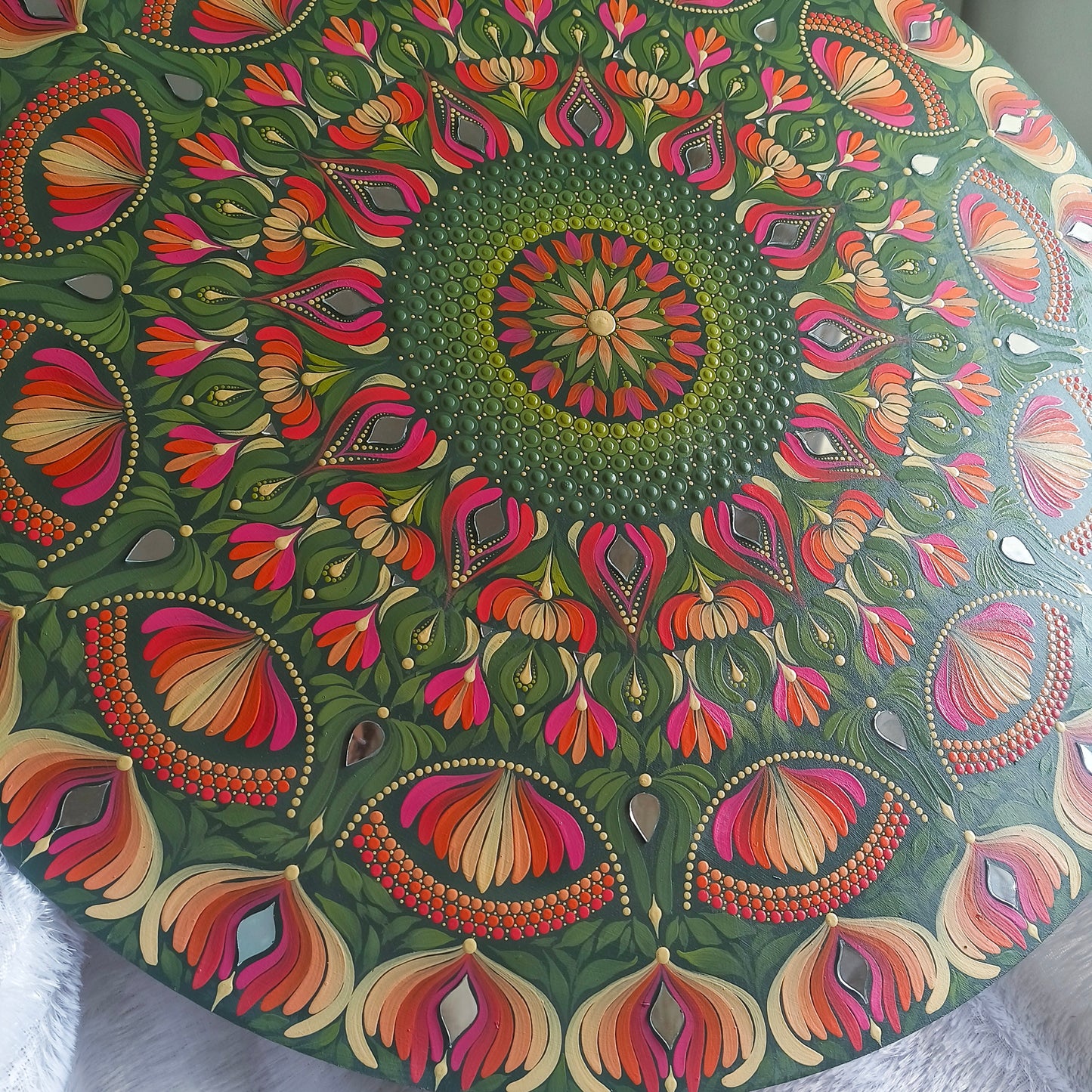 24-Inch Hand-Painted Dot Mandala Wooden Wall Art | Floral Leafy Pattern with Mirror Embellishments | Glossy Waterproof Finish | Zen Wall Art