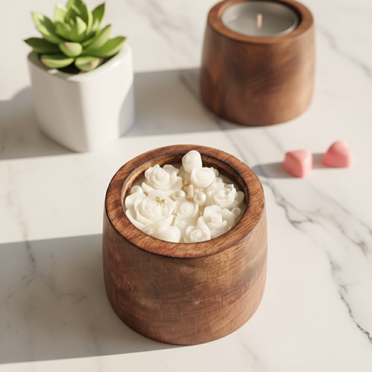 Hand-Poured Soy Wax Scented Candle in Wooden Jar – Elegant White Rose & Pearl (6cm x 8cm)