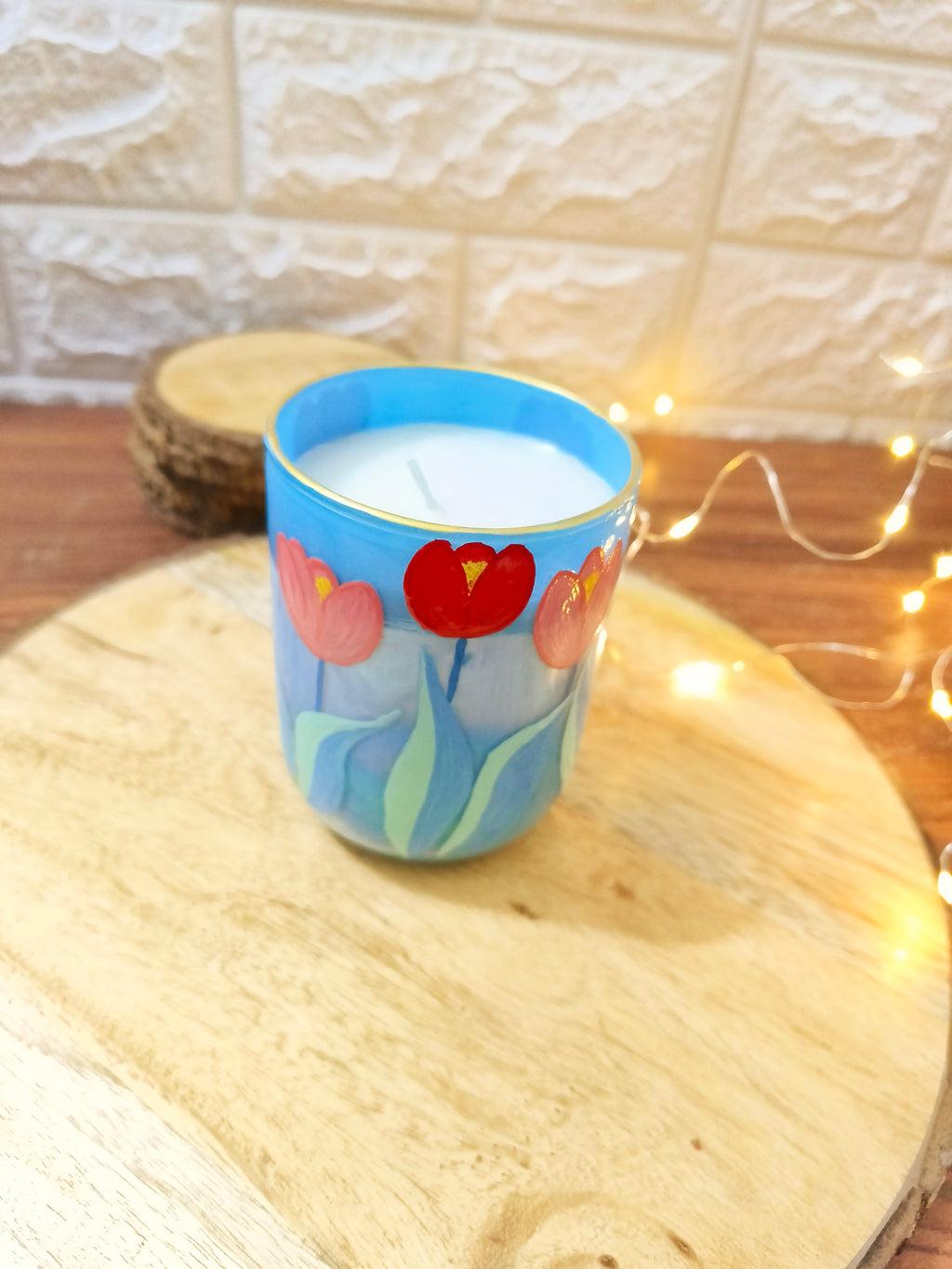 Hand-Painted Floral tulip pattern Candle Jar – Glass Candle Holder
