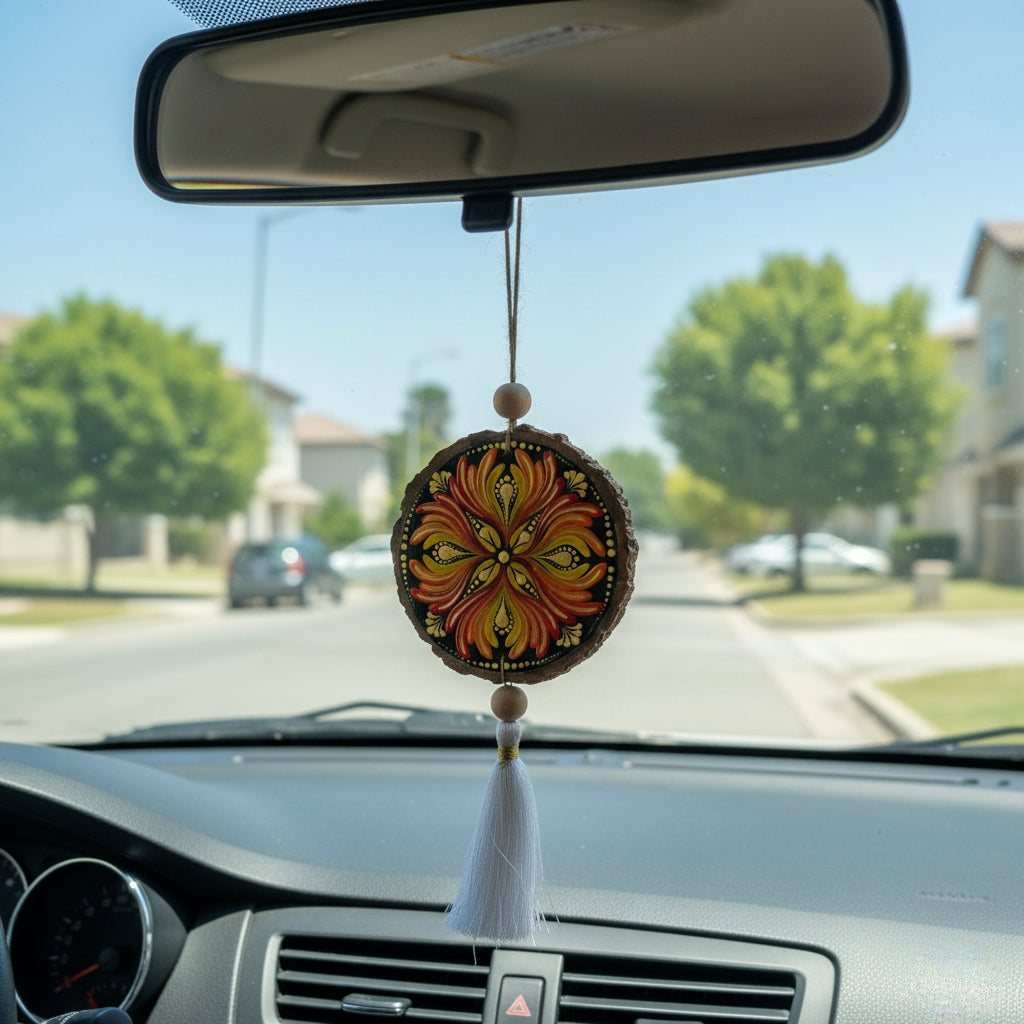 Hand-Painted Mandala Car Charm, Rear View Mirror Hanging charm