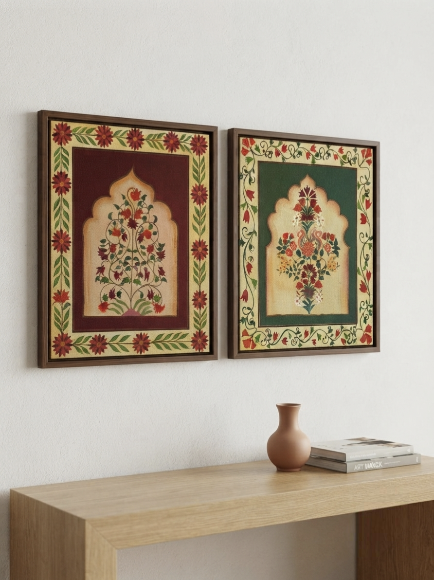 Hand-Painted Indian Jharokha Canvas Art | Set of 2 Traditional Mughal Arch Wall Decor | 18x14 Inches