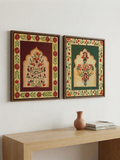Hand-Painted Indian Jharokha Canvas Art | Set of 2 Traditional Mughal Arch Wall Decor | 18x14 Inches