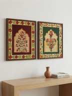 Hand-Painted Indian Jharokha Canvas Art | Set of 2 Traditional Mughal Arch Wall Decor | 18x14 Inches