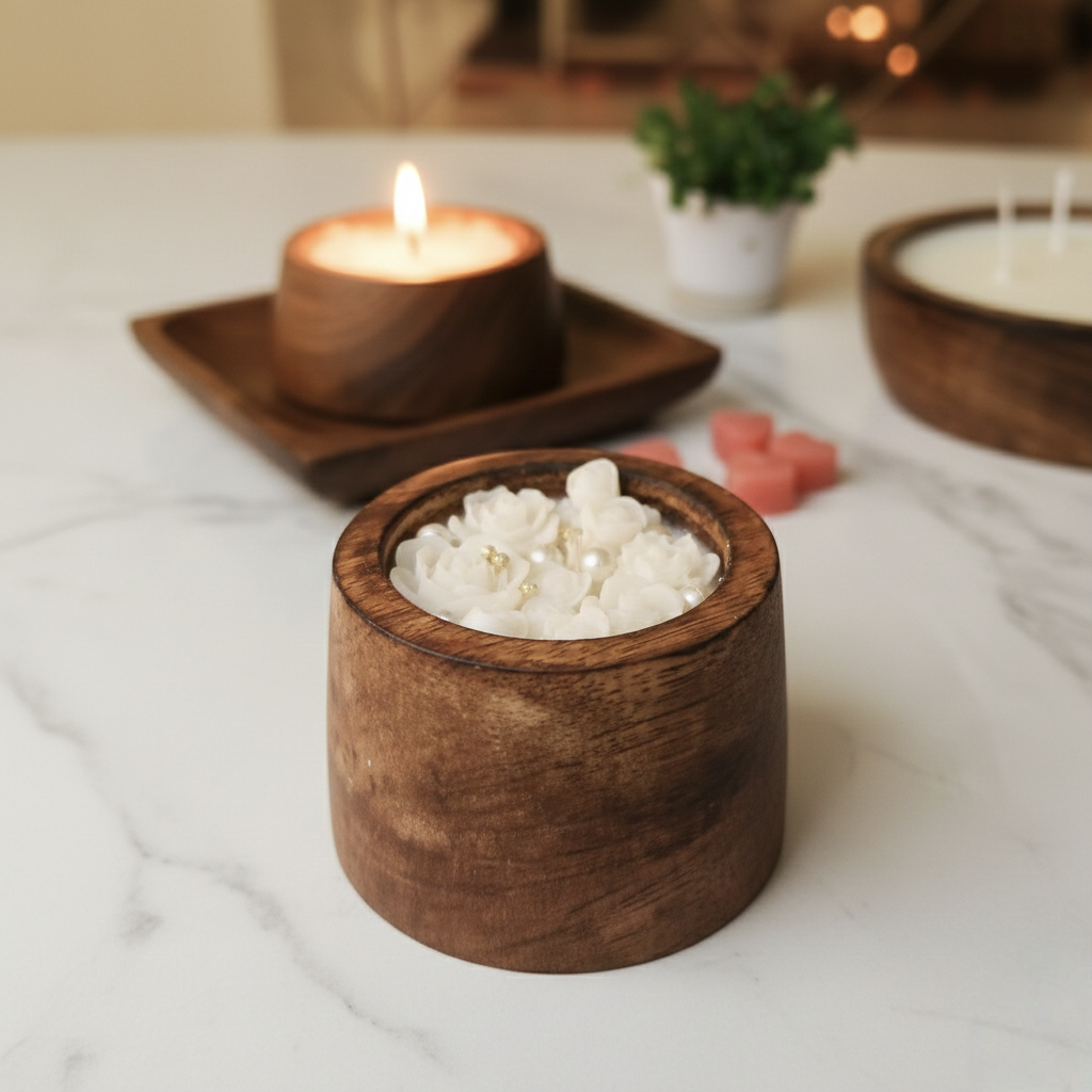Hand-Poured Soy Wax Scented Candle in Wooden Jar – Elegant White Rose & Pearl (6cm x 8cm)