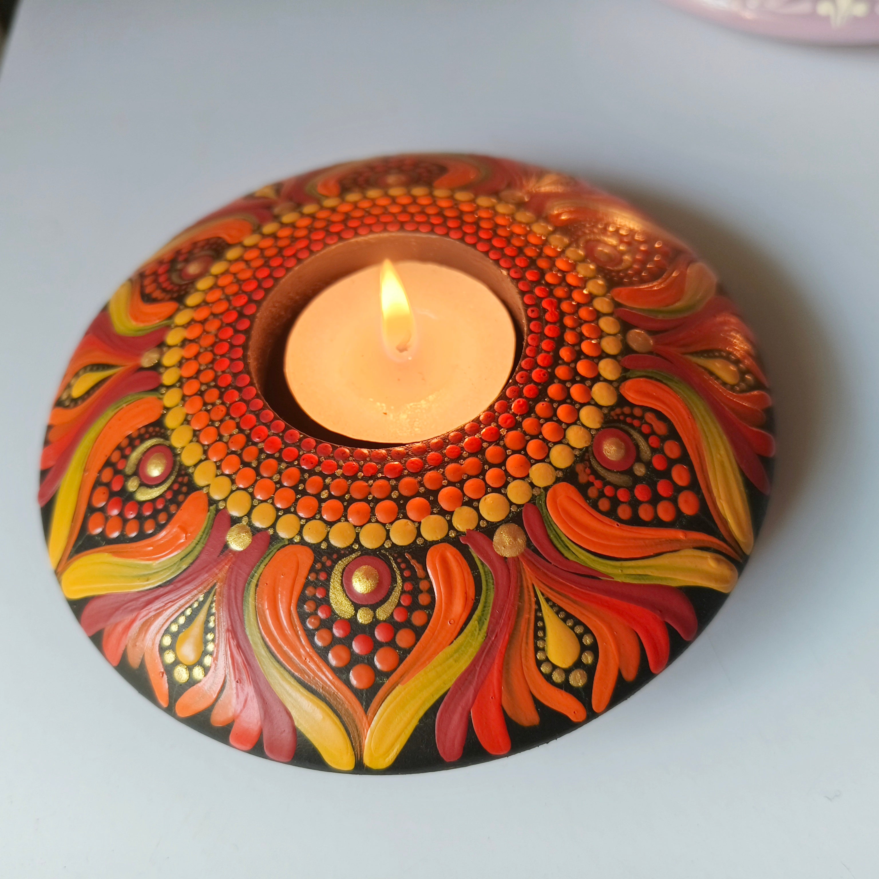 Hand-Painted Mandala Purple and Green T-Light Holder – Colorful Dot Art Candle Holder for Home Decor & Gifting