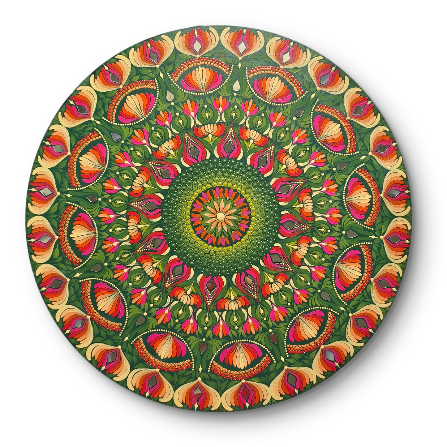 24-Inch Hand-Painted Dot Mandala Wooden Wall Art | Floral Leafy Pattern with Mirror Embellishments | Glossy Waterproof Finish | Zen Wall Art