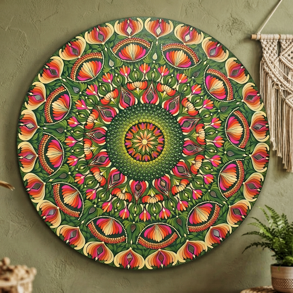 24-Inch Hand-Painted Dot Mandala Wooden Wall Art | Floral Leafy Pattern with Mirror Embellishments | Glossy Waterproof Finish | Zen Wall Art