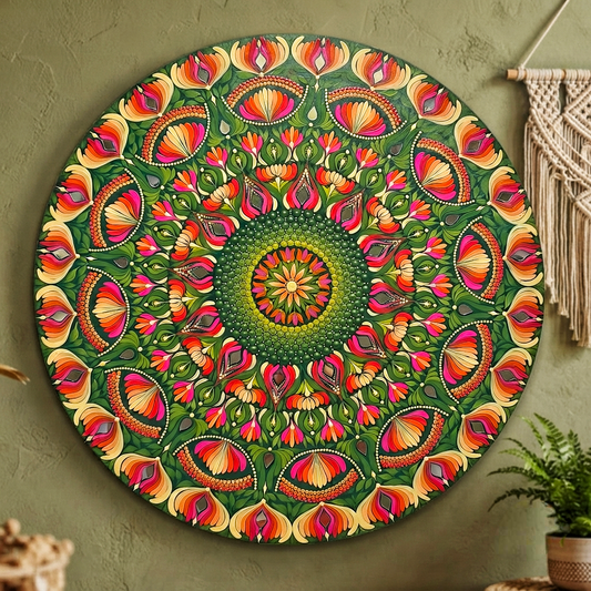 24-Inch Hand-Painted Dot Mandala Wooden Wall Art | Floral Leafy Pattern with Mirror Embellishments | Glossy Waterproof Finish | Zen Wall Art