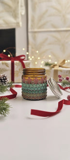 Hand-Painted Mandala Dot Art Scented Candle - Amber Glass, Soy Wax