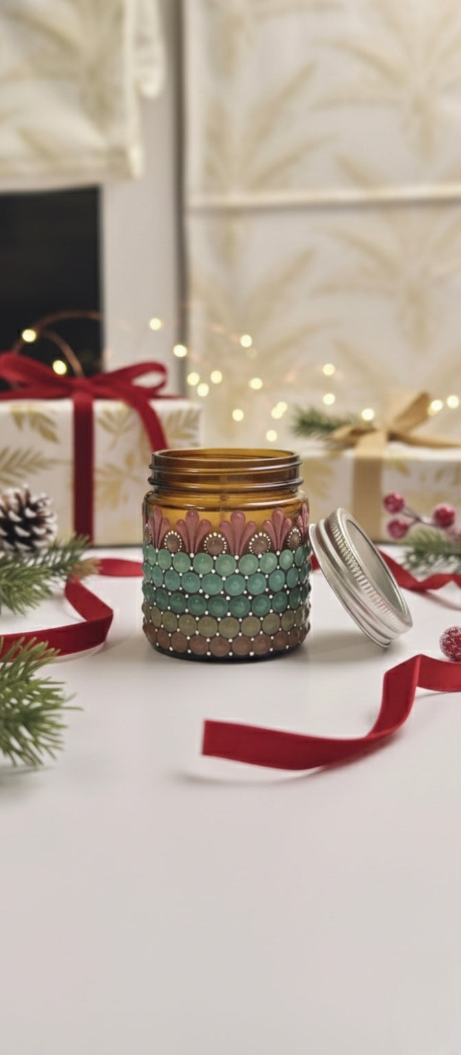 Hand-Painted Mandala Dot Art Scented Candle - Amber Glass, Soy Wax