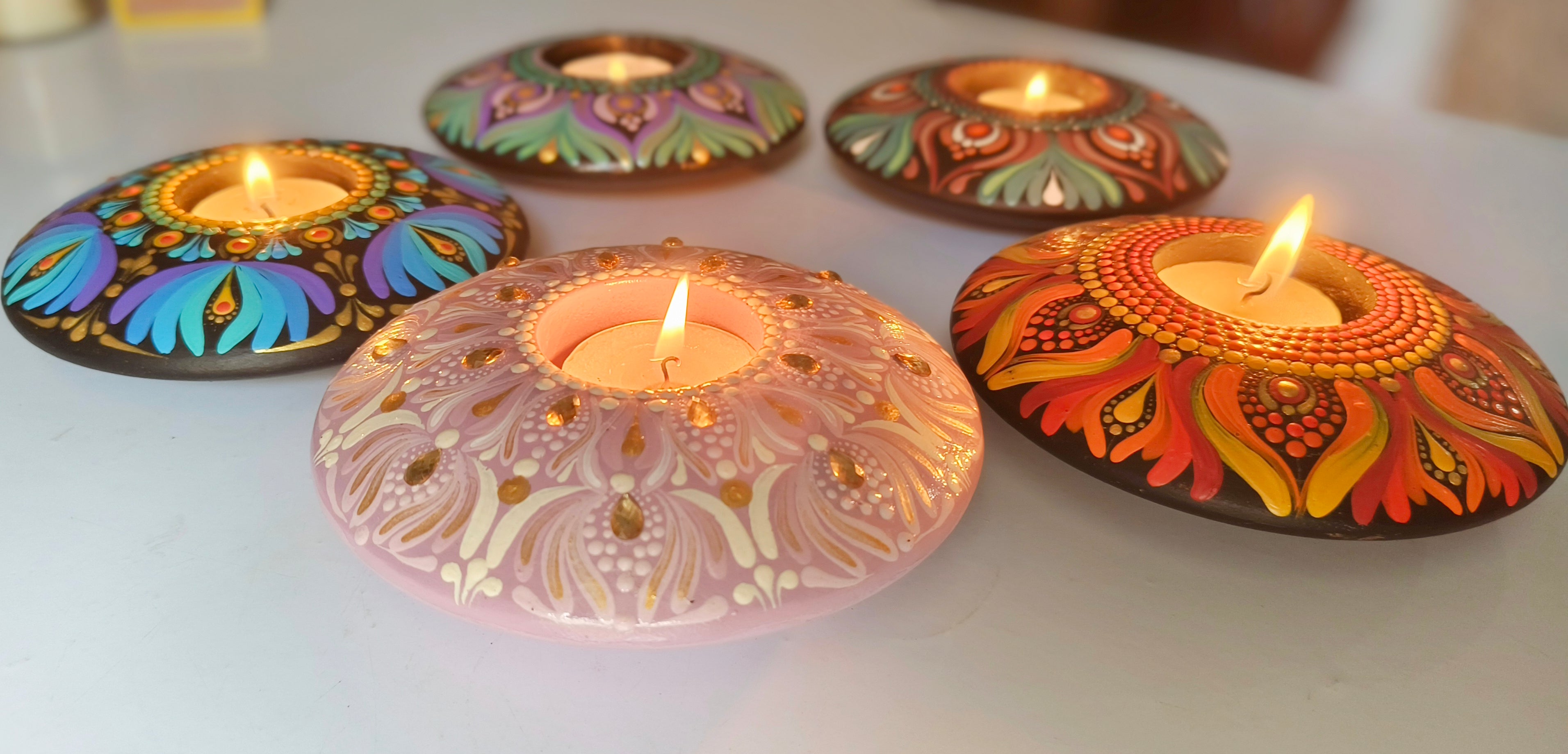 Hand-Painted Mandala purple T-Light Holder – Colorful Dot Art Candle Holder for Home Decor & Gifting