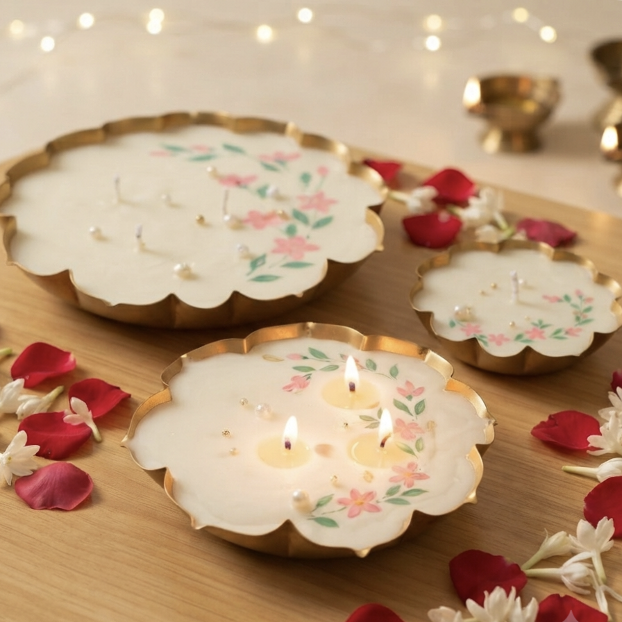 Hand-Painted Lotus Urli Candle Set – Set of 3 Decorative Floral Candles with Pearl Accents for Diwali Home Decor & Gifting
