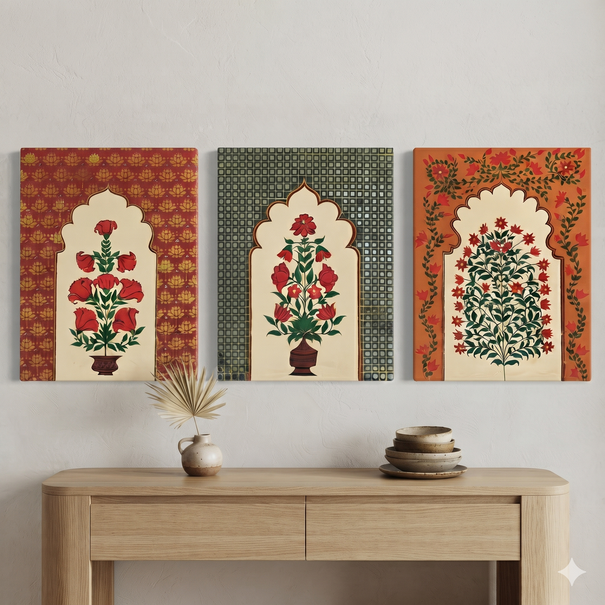Original Hand-painted Mughal Jharokha Frame Set of 3 | Hand-Painted Indian Wall Decor | Wall art