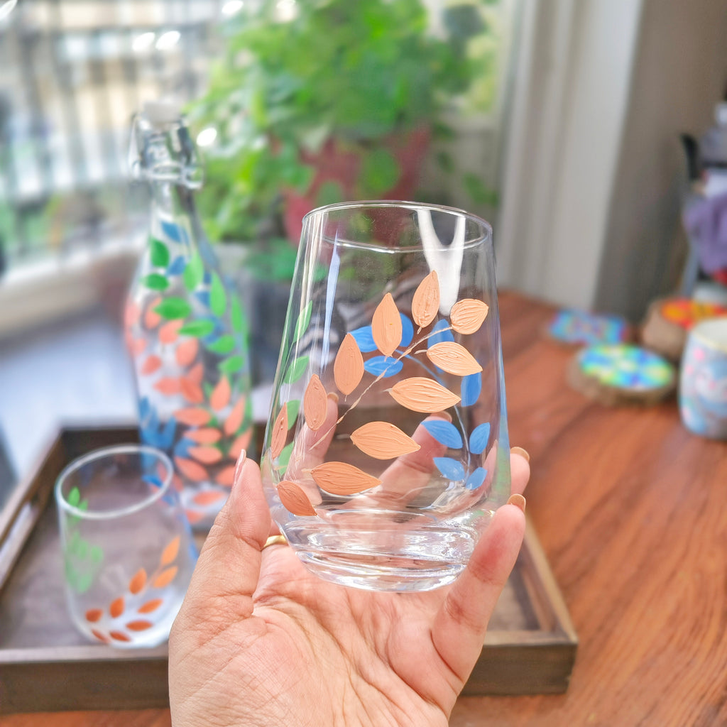 Handpainted Leafy pattern Glassware Set | Bottle and Tumblers, Gift set