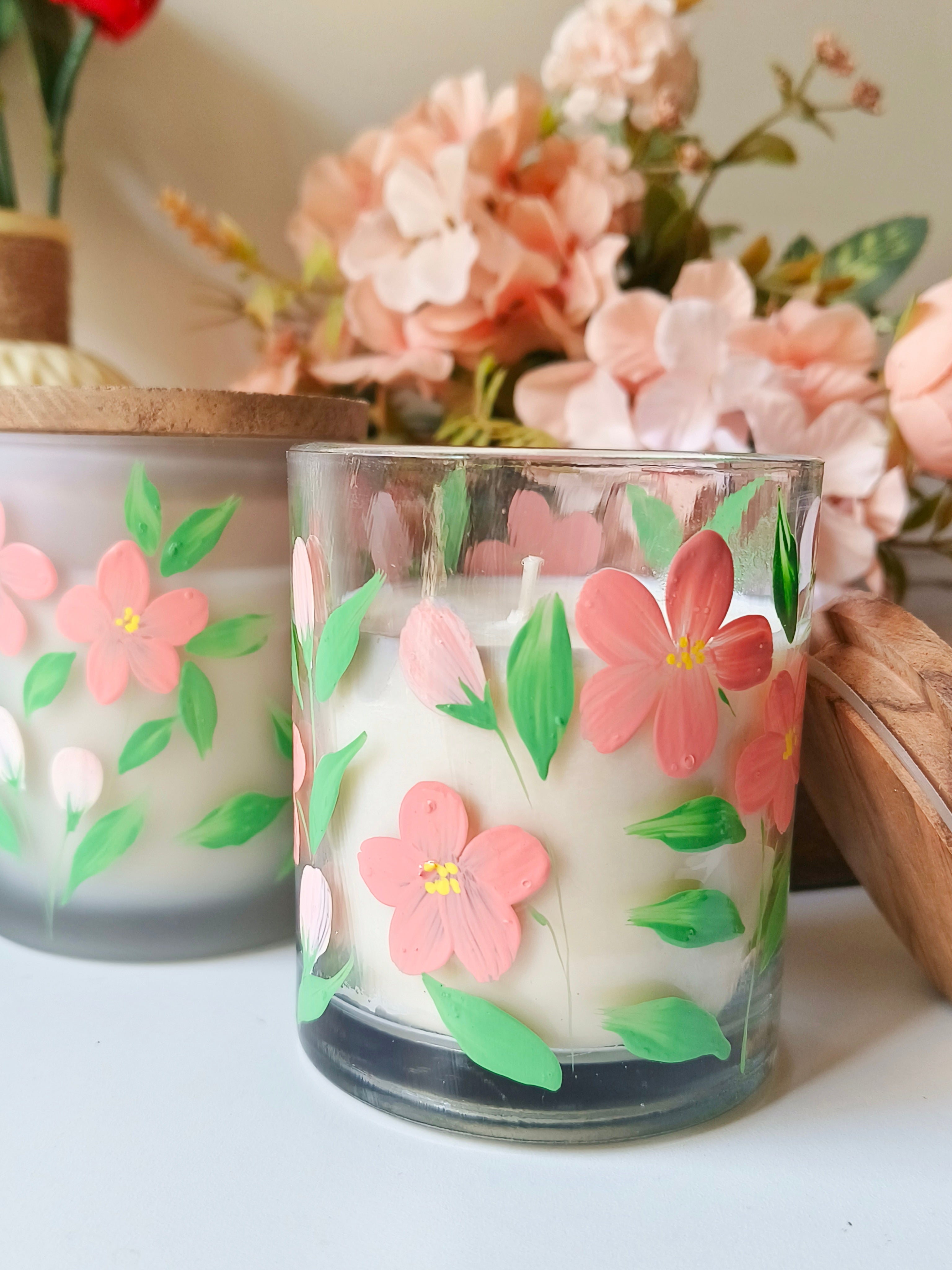 Hand-Painted Floral Candle Jar – Glass Candle Holder
