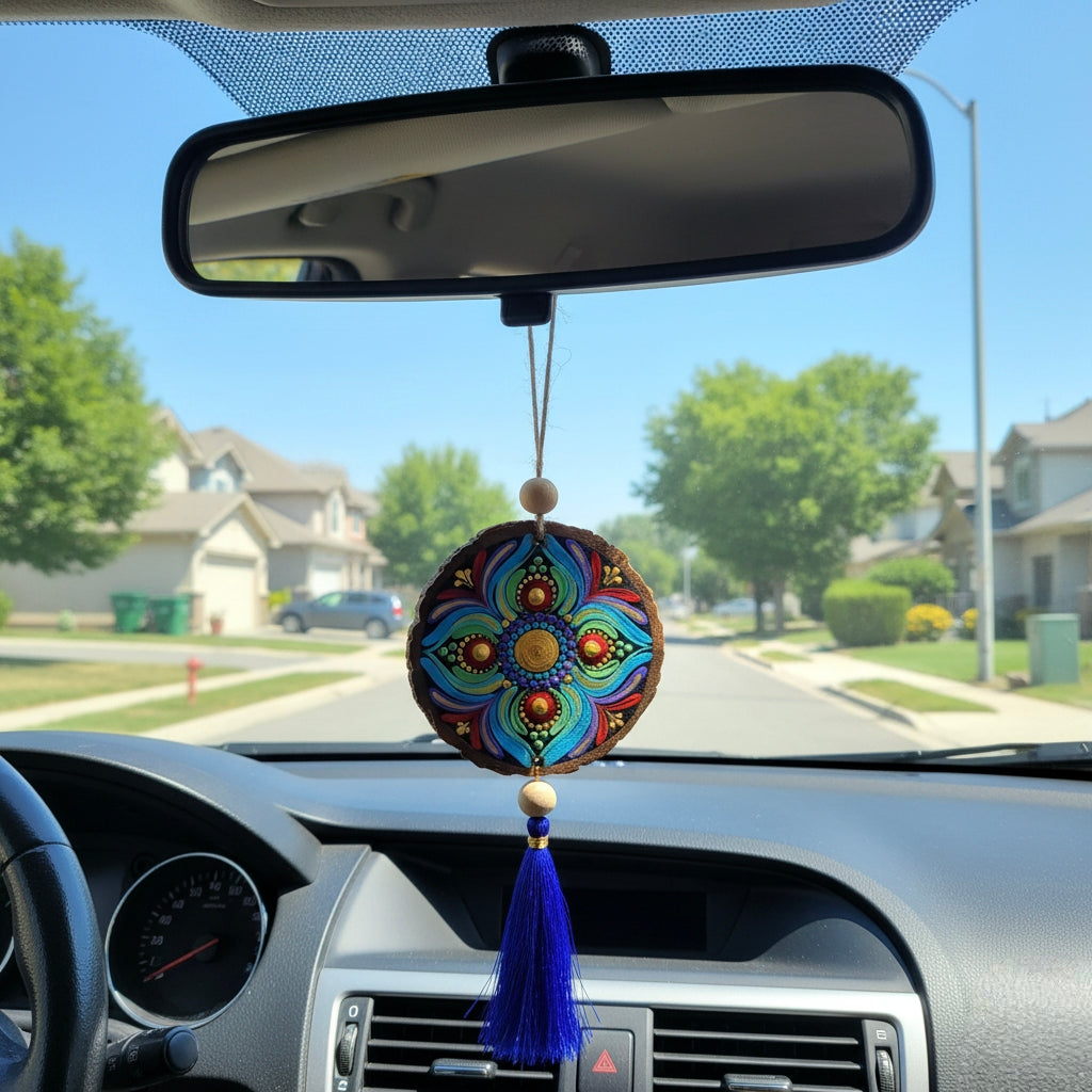 Hand-Painted Mandala Car Charm, Rear View Mirror Hanging charm