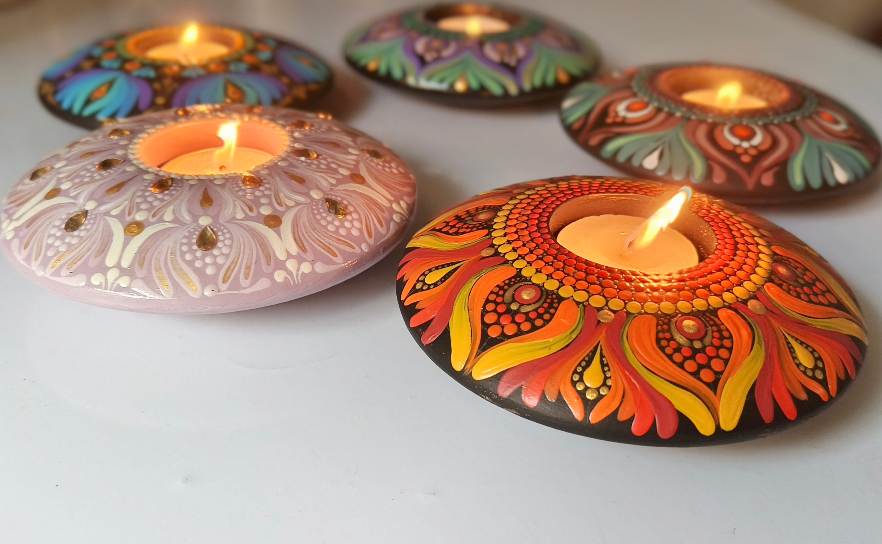 Hand-Painted Mandala Purple and Green T-Light Holder – Colorful Dot Art Candle Holder for Home Decor & Gifting