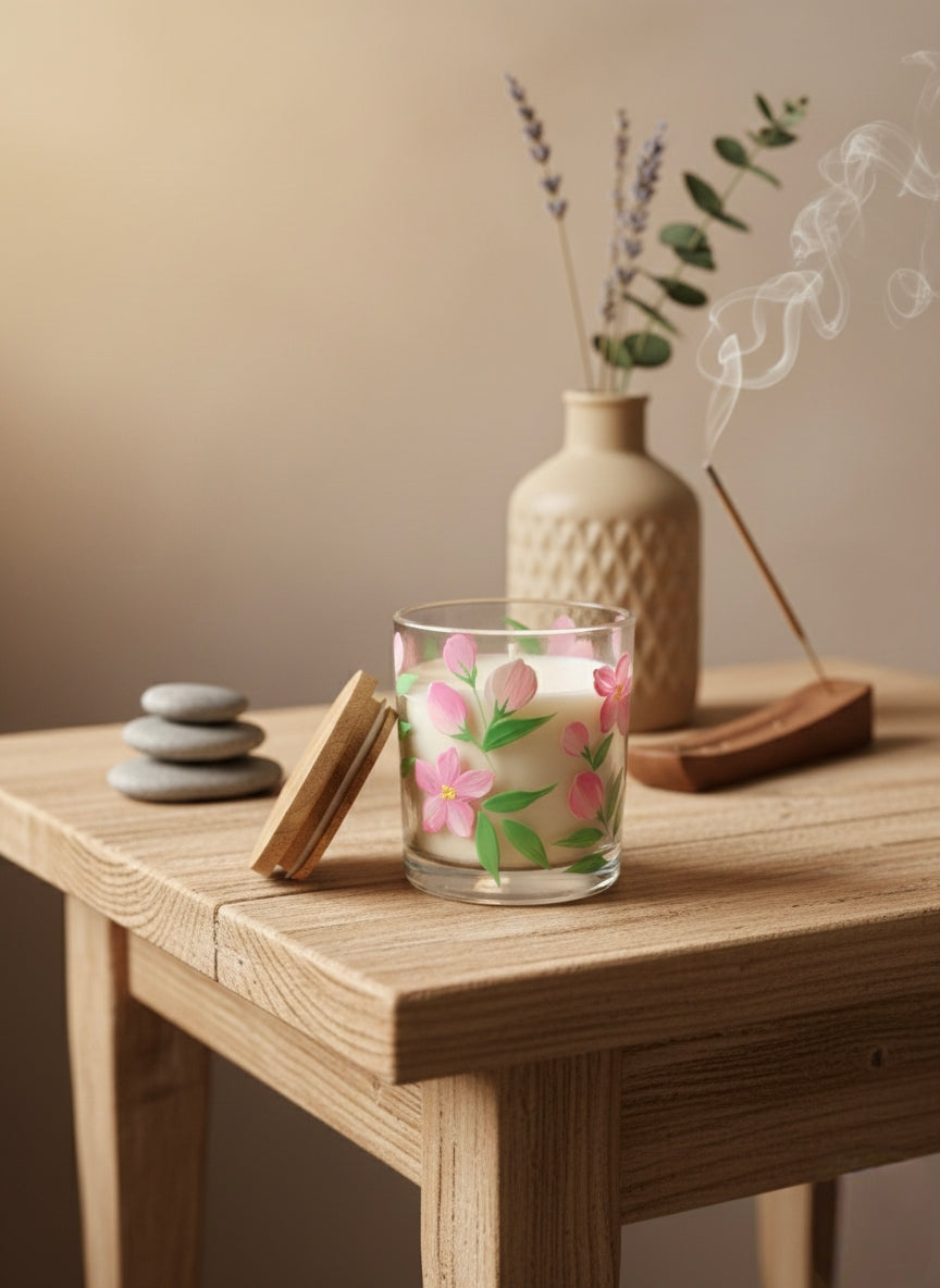 Hand-Painted Floral Candle Jar – Boho Glass Candle Holder