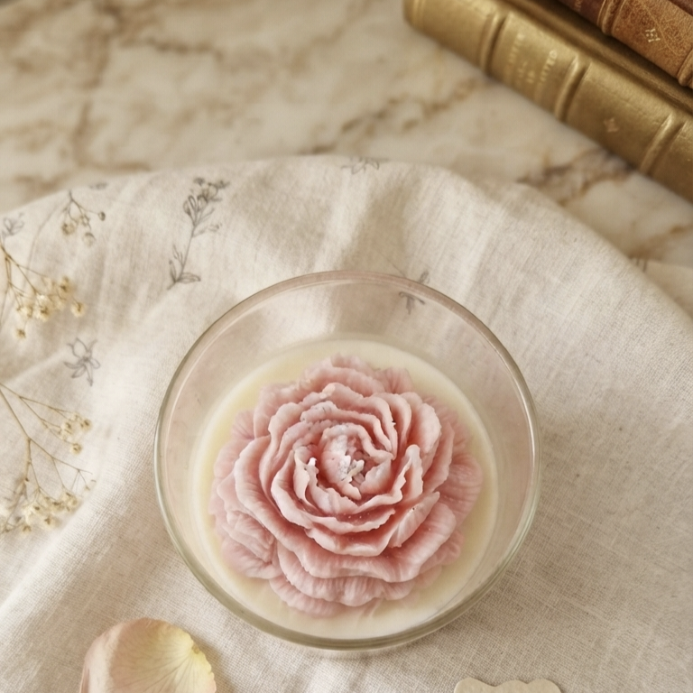 Hand-Poured Floral Soy Wax Candle in Glass Jar with Wooden Lid | 400ml Aesthetic Peony , Lotus Candle | Luxury Home Decor & Gift