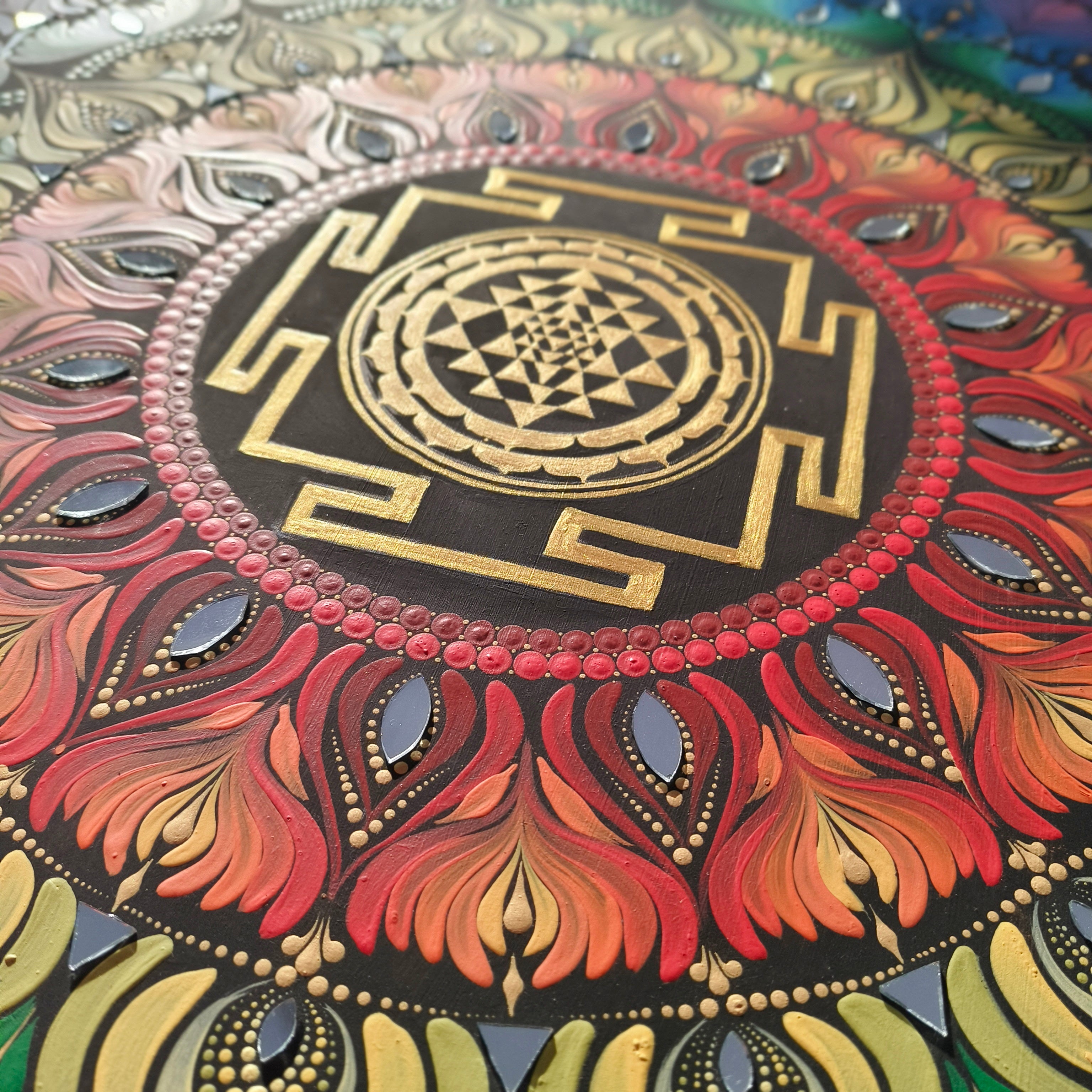 24" Sri Yantra Mandala Wall Art – 7 Chakra Colors Dot Art Painting on Wood – Square Rainbow Mandala with Mirror Accents – Meditative Zen Decor