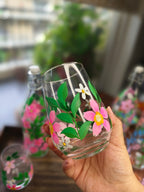 Handpainted Floral Pattern Glassware Set | Bottle and Tumblers, Gift set