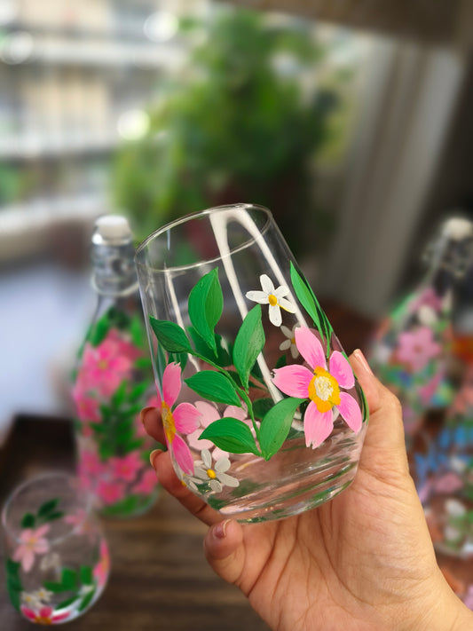 Handpainted Floral Pattern Glassware Set | Bottle and Tumblers, Gift set
