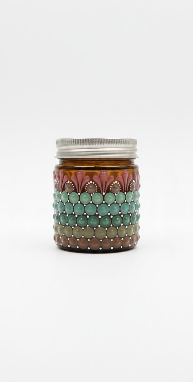 Hand-Painted Mandala Dot Art Scented Candle - Amber Glass, Soy Wax