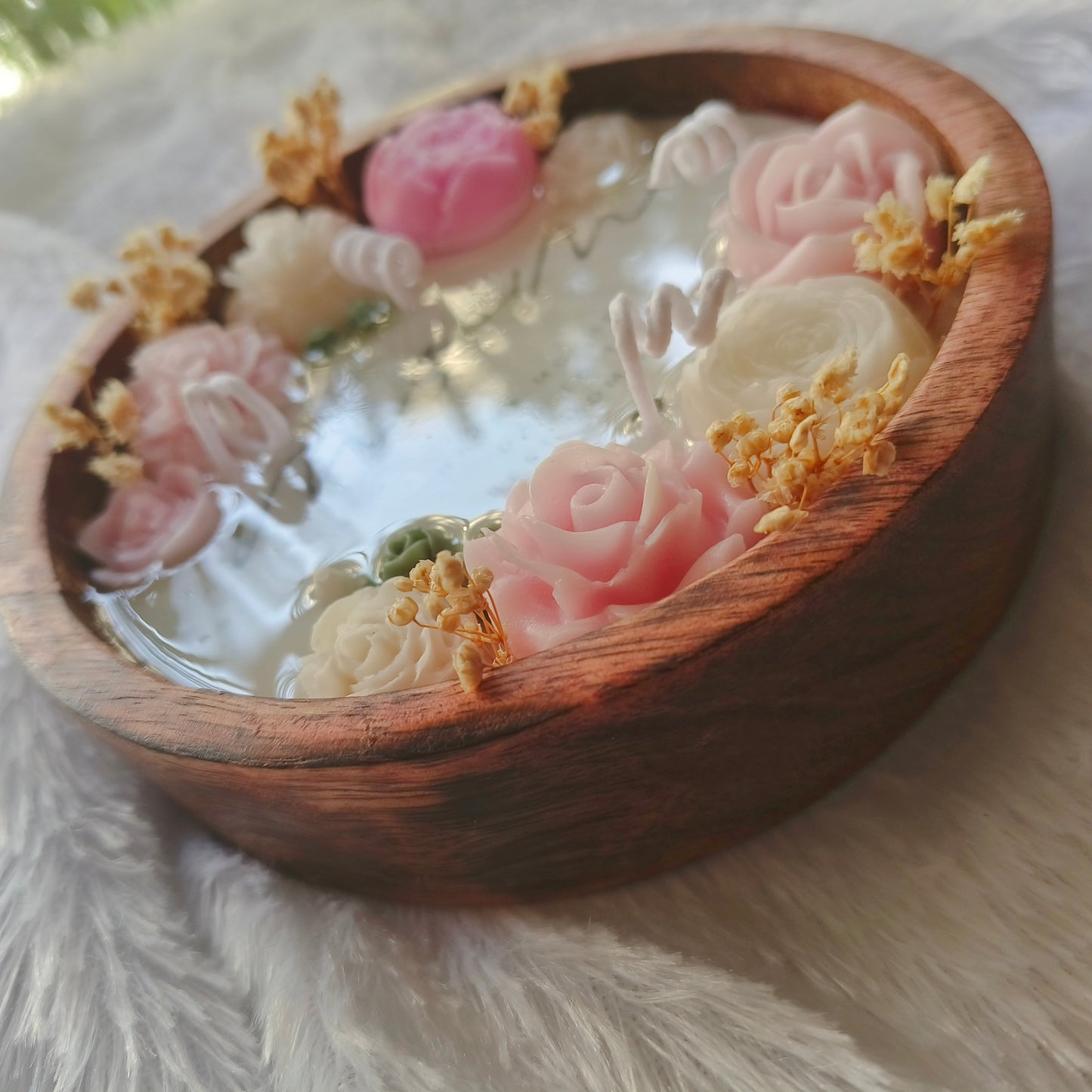 Handmade Mother’s Day Candle – 6" Wooden Dough Bowl Candle with 3D Floral Dough Art – Lavender Scented – "Happy mother's day to the Best Mom Ever" Personalized Gift for Her