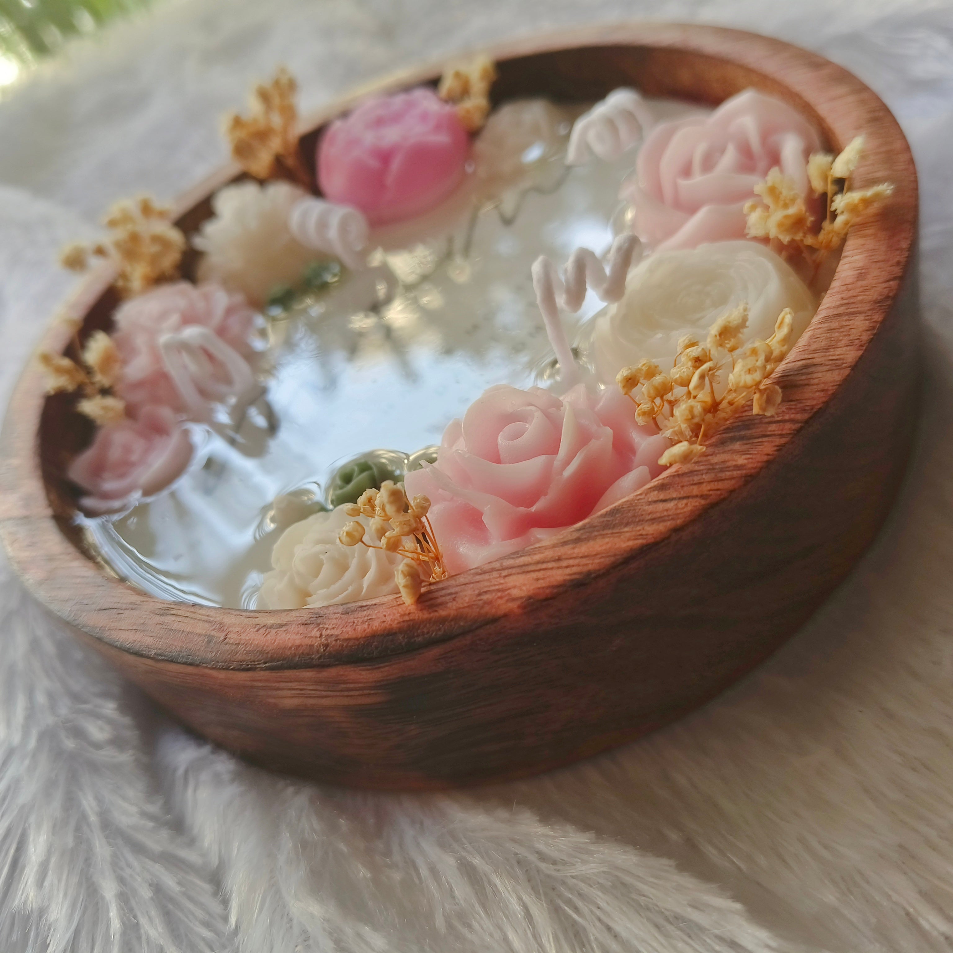 Handmade Mother’s Day Candle – 6" Wooden Dough Bowl Candle with 3D Floral Dough Art – Lavender Scented – "Happy mother's day to the Best Mom Ever" Personalized Gift for Her