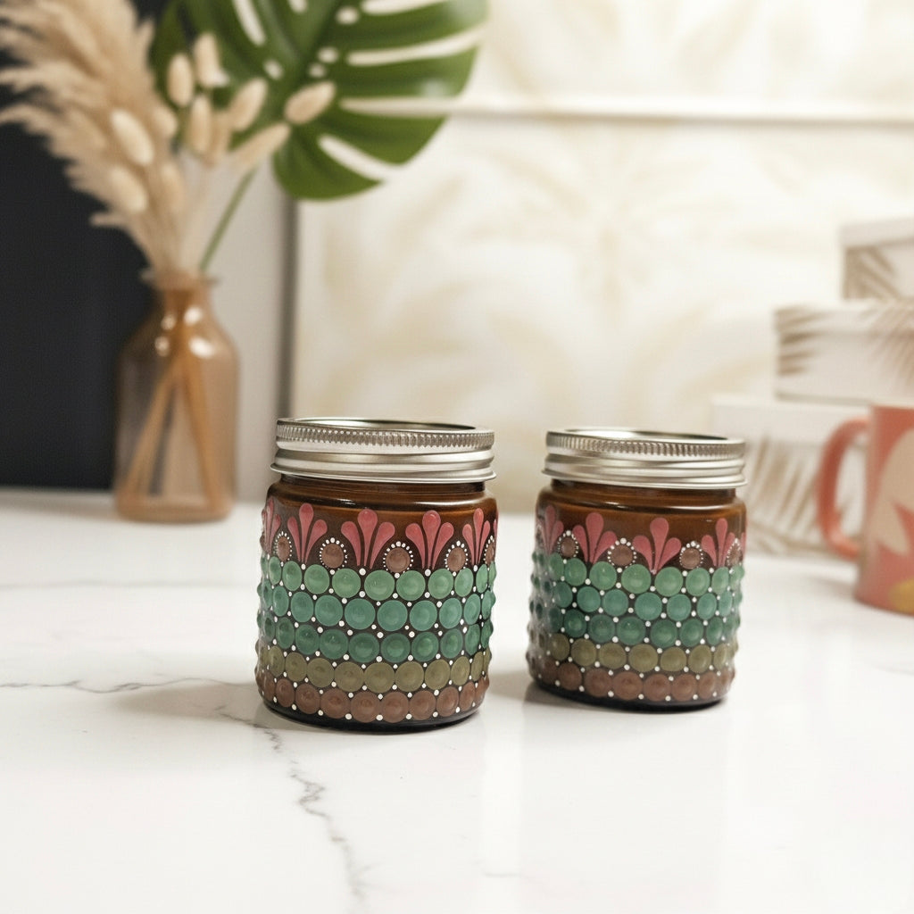 Hand-Painted Mandala Dot Art Scented Candle - Amber Glass, Soy Wax