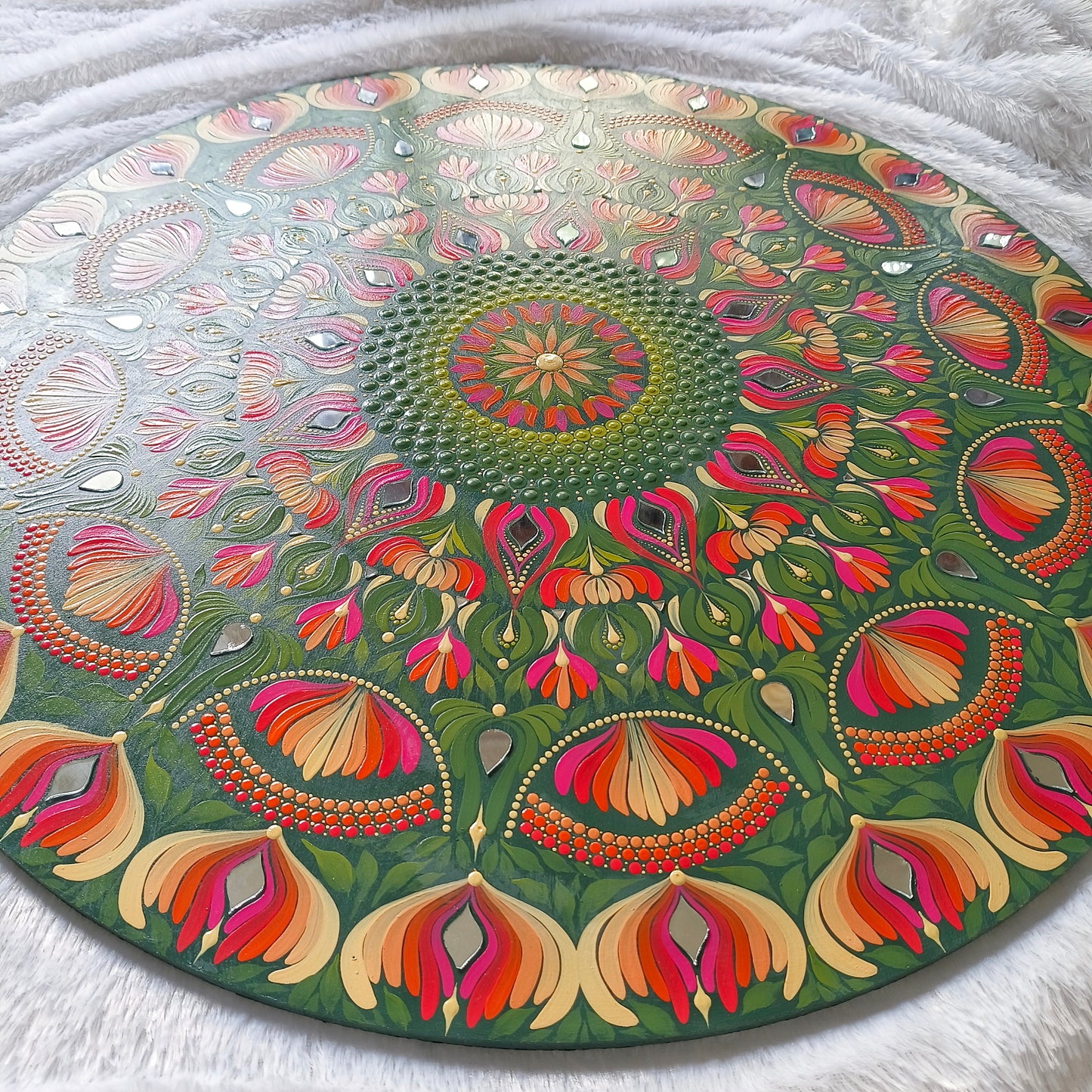 24-Inch Hand-Painted Dot Mandala Wooden Wall Art | Floral Leafy Pattern with Mirror Embellishments | Glossy Waterproof Finish | Zen Wall Art