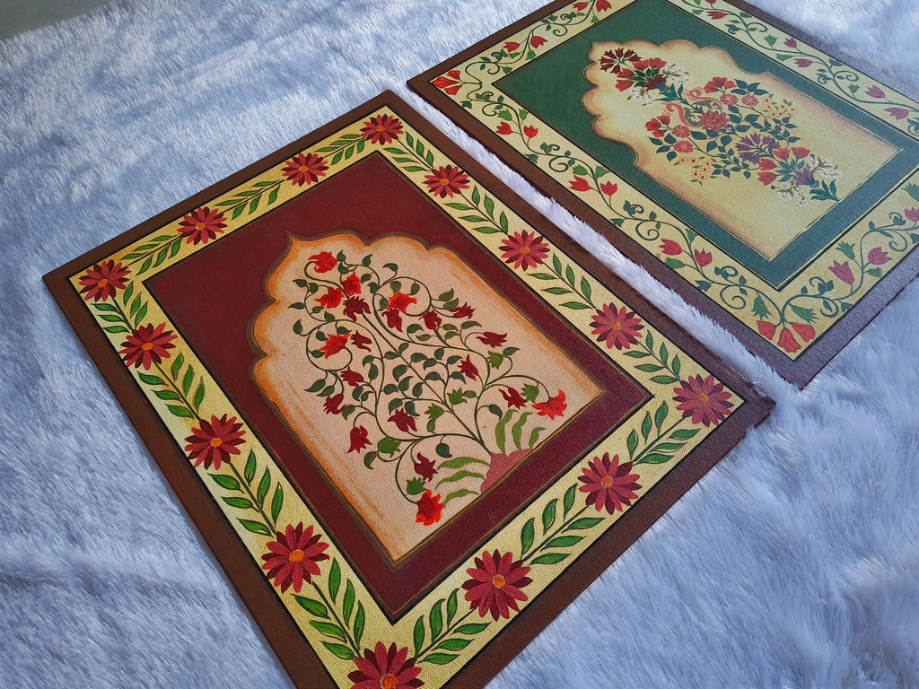 Hand-Painted Indian Jharokha Canvas Art | Set of 2 Traditional Mughal Arch Wall Decor | 18x14 Inches