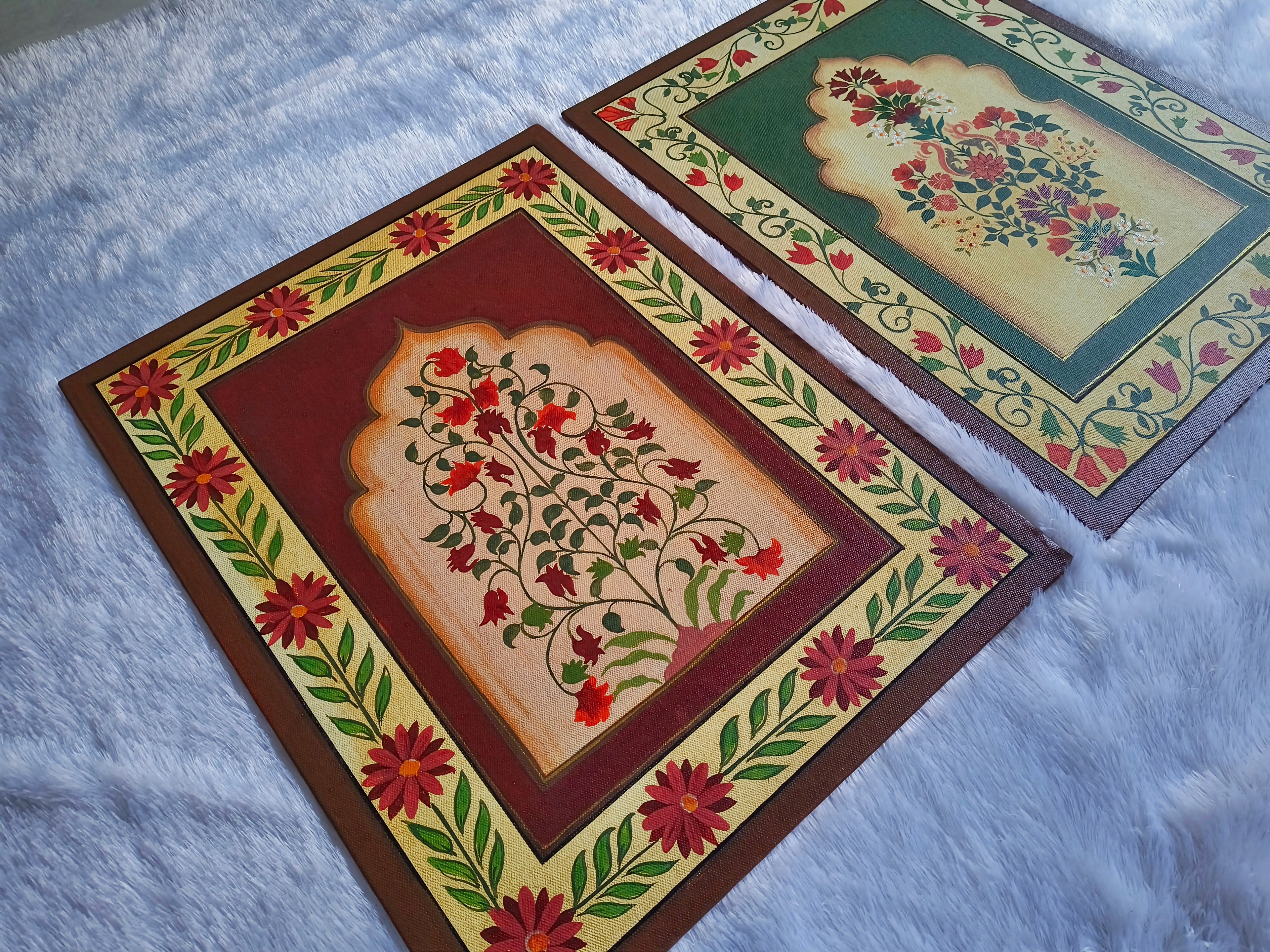 Hand-Painted Indian Jharokha Canvas Art | Set of 2 Traditional Mughal Arch Wall Decor | 18x14 Inches