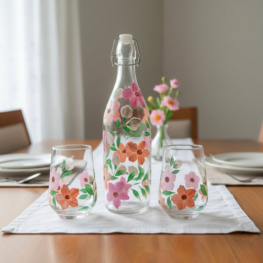 Handpainted Pastel Floral Pattern Glassware Set | Bottle and Tumblers, Gift set