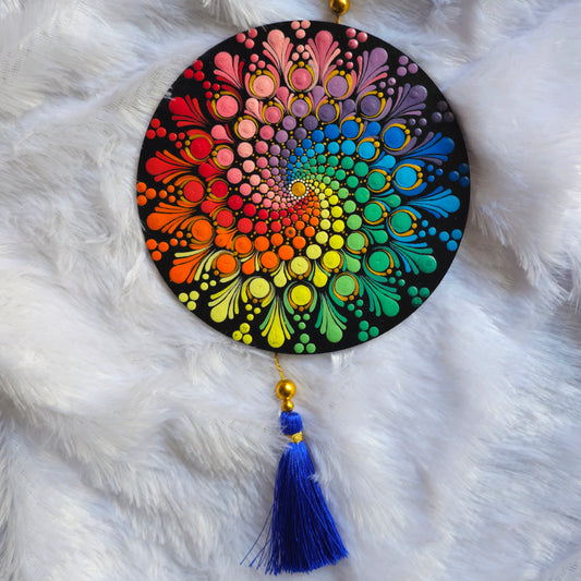 Original Hand-painted Mandala door/window Hanging with Tassels | round Dot painted meditative art | Zen Art | Unique Mandala window charm