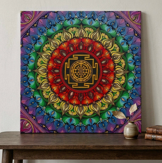 24" Sri Yantra Mandala Wall Art – 7 Chakra Colors Dot Art Painting on Wood – Square Rainbow Mandala with Mirror Accents – Meditative Zen Decor