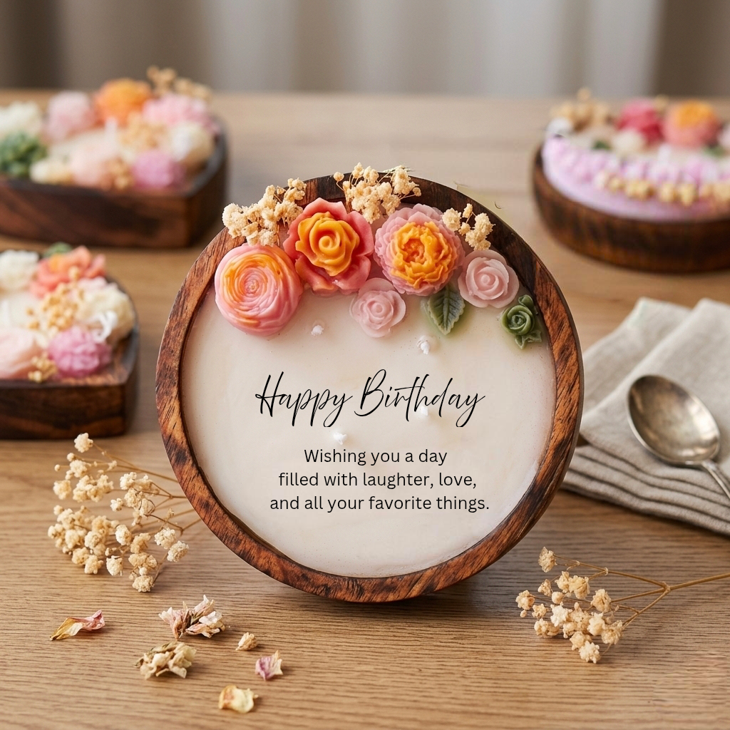 Handmade Wooden Dough Bowl Candle with Floral Embellishments (6 inches) - Lavender scented candle