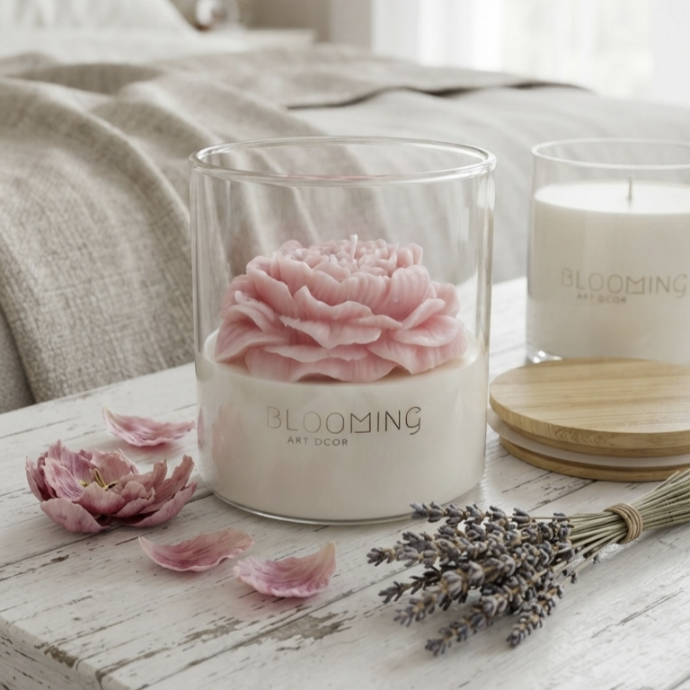 Hand-Poured Floral Soy Wax Candle in Glass Jar with Wooden Lid | 400ml Aesthetic Peony , Lotus Candle | Luxury Home Decor & Gift