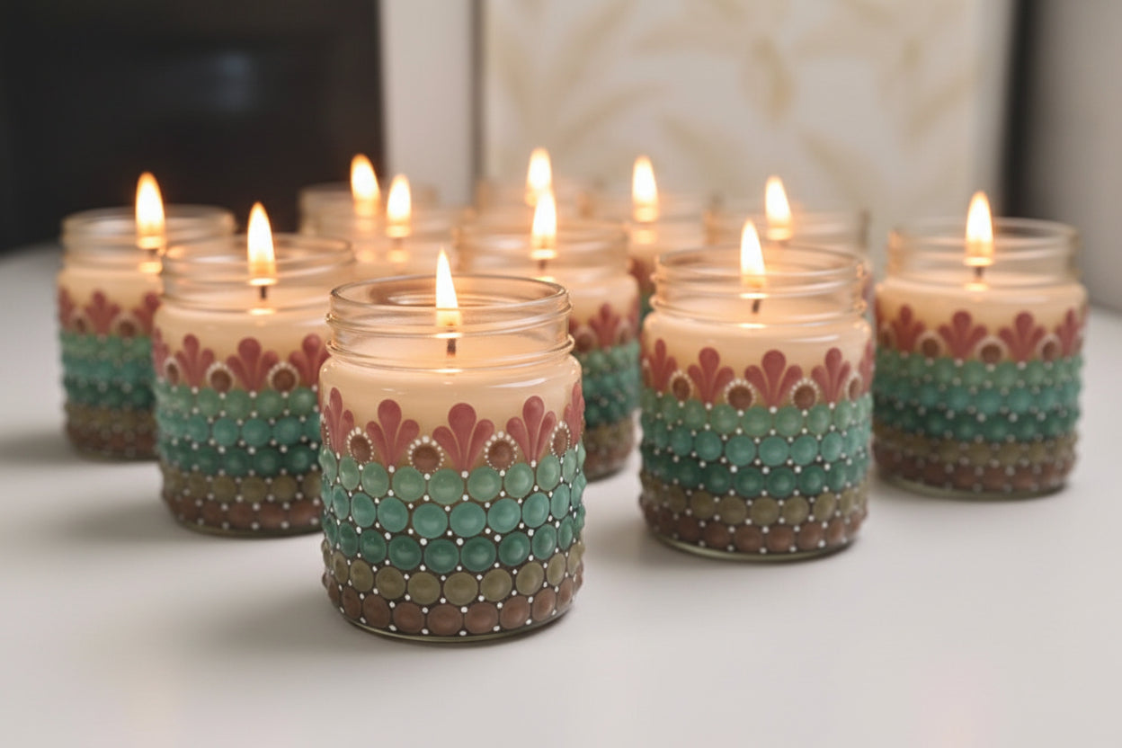 Hand-Painted Mandala Dot Art Scented Candle - Glass Jar , Soy Wax | Set of 2