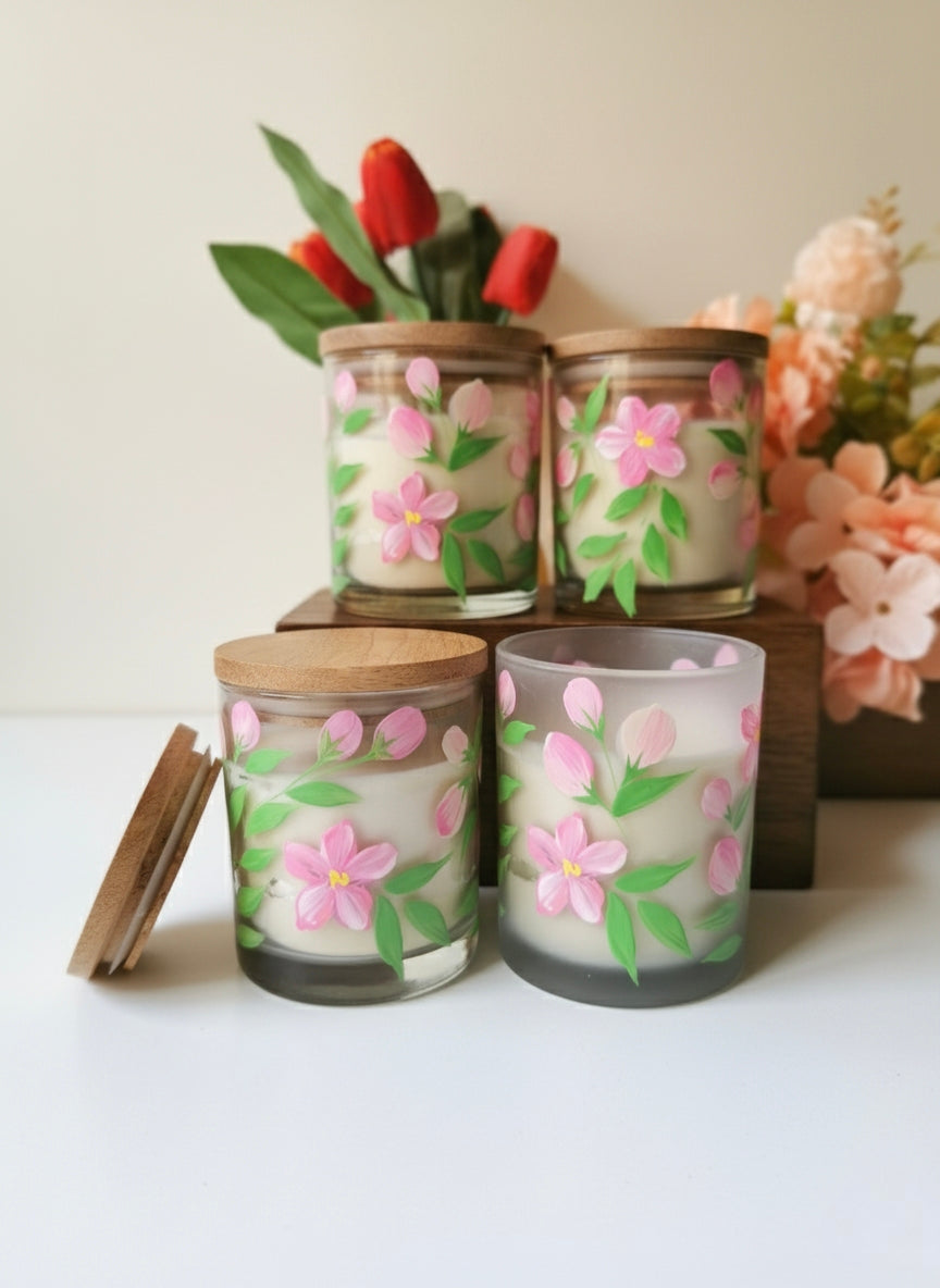 Hand-Painted Floral Candle Jar – Boho Glass Candle Holder