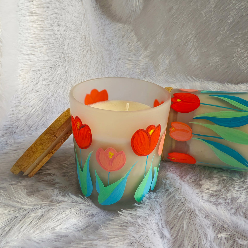 Hand-Painted Floral tulip pattern Candle Jar – Glass Candle Holder