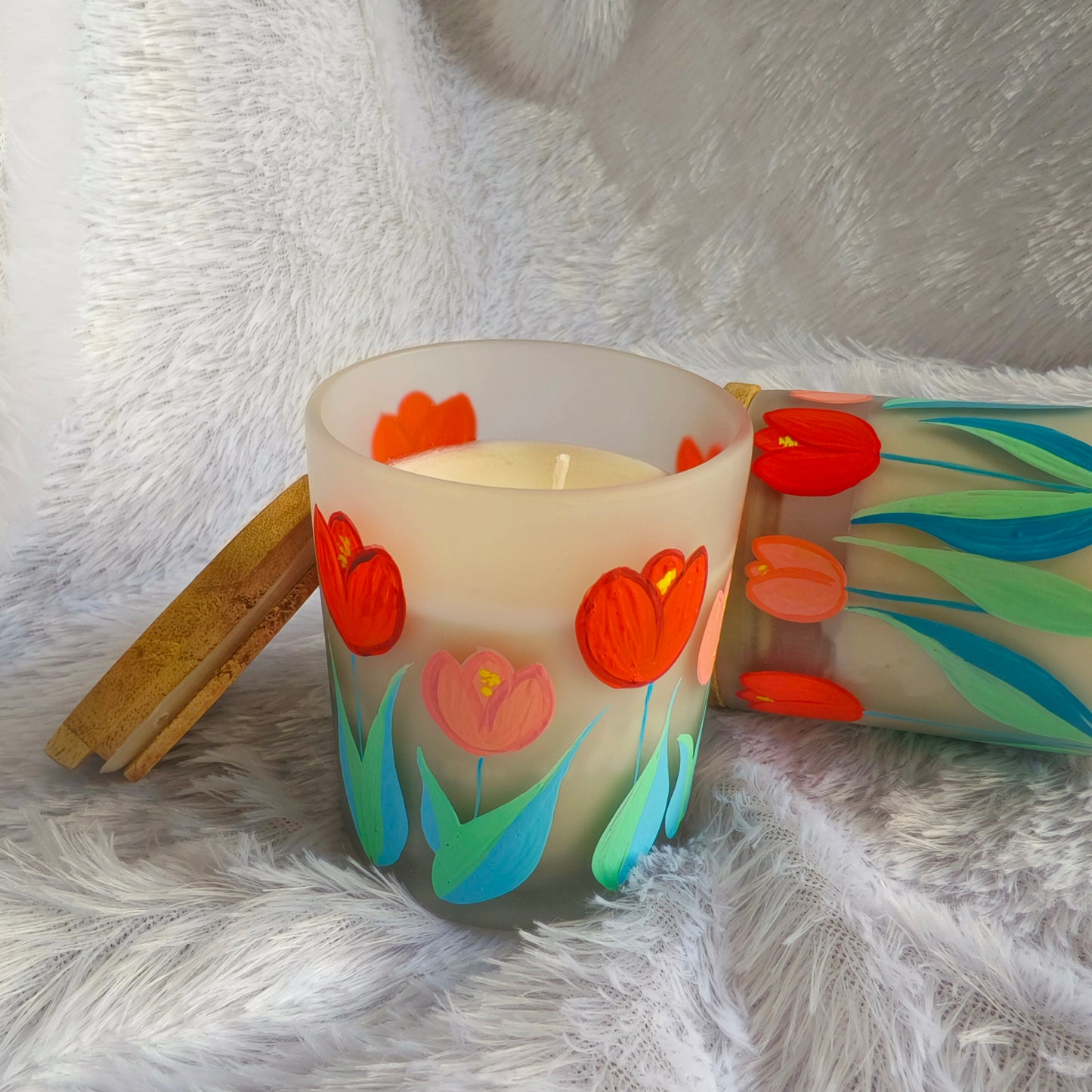 Hand-Painted Floral tulip pattern Candle Jar – Glass Candle Holder