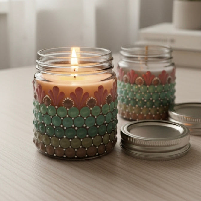 Hand-Painted Mandala Dot Art Scented Candle - Glass Jar , Soy Wax | Set of 2