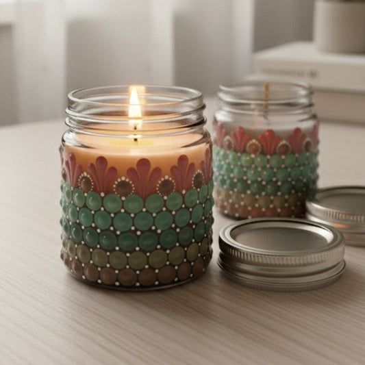 Hand-Painted Mandala Dot Art Scented Candle - Glass Jar , Soy Wax | Set of 2